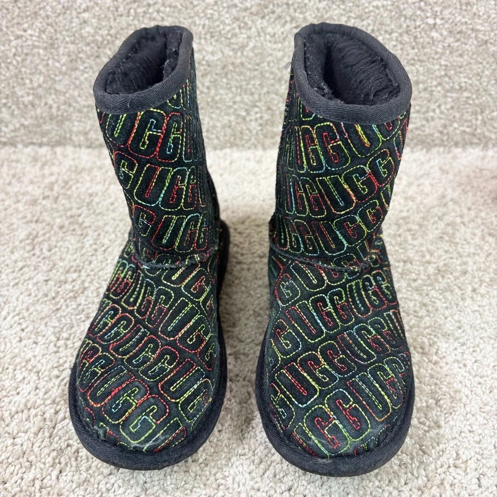 UGG Classic Boots Unisex Kids 3 Rainbow Logo Black Suede Shearling Cozy Lined